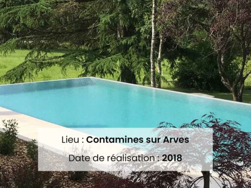 Piscine débordement sur 2 côtés, Mur de soutènement et palissade granit, terrasse en pierre calcaire